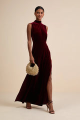 Classic Elegance Brown Velvet Sleeveless Mock Neck Maxi Dress