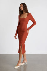 Austine Rust Textured Knit Long Sleeve Midi Dress
