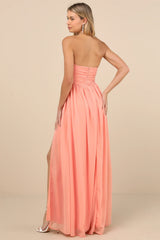 Luxe Favorite Peach Pink Strapless Ruched Maxi Dress