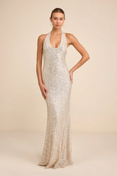 Velenia Champagne Sequin Halter Mermaid Maxi Dress