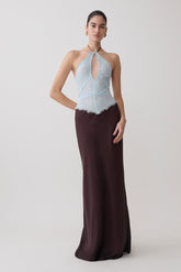 Sascha Lace And Satin Halter Maxi Dress - Ice Blue/Chocolate