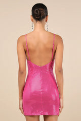 Immaculate Energy Shiny Pink Dotted Mesh Bodycon Mini Dress