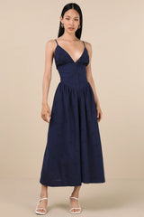 Zahrah Navy Eyelet Embroidered Button-Front Midi Dress