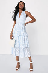 Make It Mesmerizing Navy Blue Jacquard Tiered Midi Dress