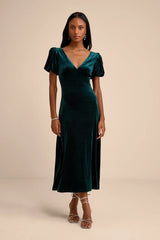 Obrissa Emerald Velvet Puff Sleeve Tie-Back Midi Dress