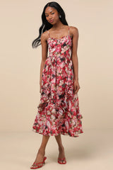 Maisley Red Multi Floral Bustier Ruffled Midi Dress