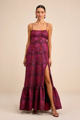 Jasiel Burgundy Jacquard Lace-Up Tiered Maxi Dress