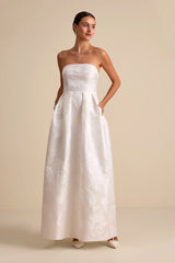 Laurelin White Jacquard Pleated Strapless Maxi Dress