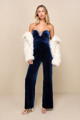 Fabulous Instinct Dark Blue Velvet Pearl Strapless Jumpsuit
