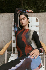 Soraya Long Sleeve Mesh Maxi Dress - Multi Fluid Reverie Print