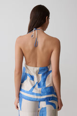 Adelaide Draped Satin Halter Top - Blue Geo Tile Print