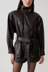Adaline Faux Leather Cinch Waist Jacket - Dark Chocolate