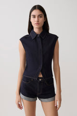 Jeremy Collared Denim Longline Top - Washed Indigo Blue