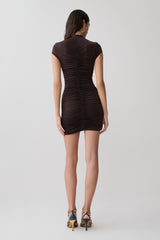 Alphine Gathered Short Sleeve Mini Dress - Chocolate