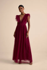Simply Delighted Black Mesh Ruffled Backless Maxi Dress