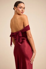 Alaida Wine Red Satin Off-the-Shoulder Maxi Dress
