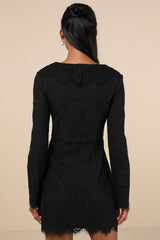 Memorably Romantic Black Lace Long Sleeve Mini Dress