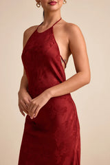 Ayura Rust Red Satin Jacquard Tie-Back Halter Maxi Dress
