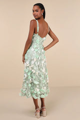 Elite Cutie Mint Green Mesh 3D Floral Embroidered Midi Dress