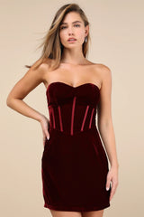 Poised Favorite Burgundy Velvet Bustier Strapless Mini Dress