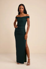 Scotia Black Mesh Ruched Off-the-Shoulder Maxi Dress