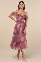 Sweet Composure Plum Floral Organza Off-the-Shoulder Midi Dress