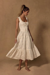 Antionette Cream Embroidered Sequin Button-Front Midi Dress