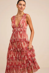 Valentia Magenta Plisse Sleeveless Tiered Midi Dress