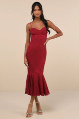 Found Your Love Wine Red Lace Sleeveless Trumpet Midi Dress