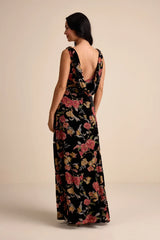 Prim Black Multi Floral Burnout Velvet Cowl Back Maxi Dress
