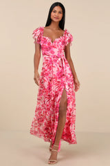 Sensationally Sweeter Bright Pink Floral Ruffled Maxi Dress