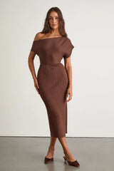 Brady Cream Ribbed Off-the-Shoulder Sweater Midi Dress