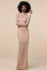 Famous Impression Beige Lace Mock Neck Long Sleeve Maxi Dress