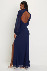 Graceful Entrance Navy Blue Long Sleeve Backless Maxi Dress