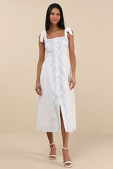 Corinthia White Embroidered Button-Front Midi Dress