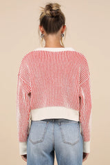 Attractively Cozy Red and White Striped V-Neck Pullover Sweater