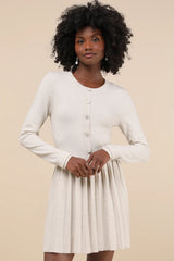 Beyond Sweet Heathered Beige Pearl Pleated Mini Sweater Dress