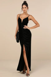 Stunning Invitation Black Velvet Ruched Sleeveless Maxi Dress