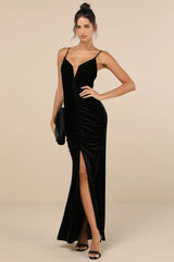 Stunning Invitation Black Velvet Ruched Sleeveless Maxi Dress