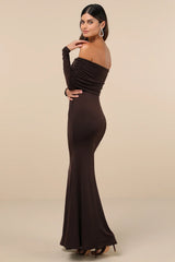 Effortlessly Stunning Dark Brown Off-the-Shoulder Maxi Dress