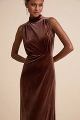 Classic Elegance Brown Velvet Sleeveless Mock Neck Maxi Dress