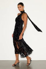 Alis Black Velvet Burnout One-Shoulder Sash Midi Dress