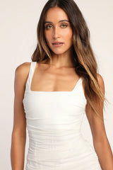 V.I.P. Treatment White Mesh Ruched Bodycon Midi Dress