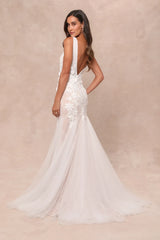 Exceptional Vow White Tulle Lace Applique Mermaid Maxi Dress