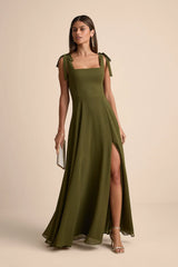 Love Me Forever Olive Green Tie-Strap Square Neck Maxi Dress