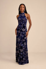 Amberline Navy Velvet Burnout Halter Maxi Dress