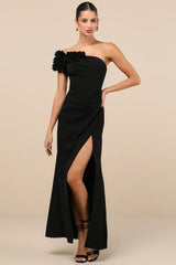 Beyond Elegant Black 3D Floral One-Shoulder Maxi Dress
