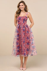 Delightful Look Magenta Floral Print Bustier Midi Skater Dress