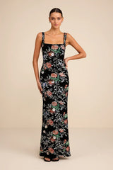 Camesha Black Multi Floral Velvet Sequin Maxi Dress