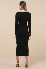 Snuggly Sweetness Black Ribbed Zip-Front Sweater Midi Dress